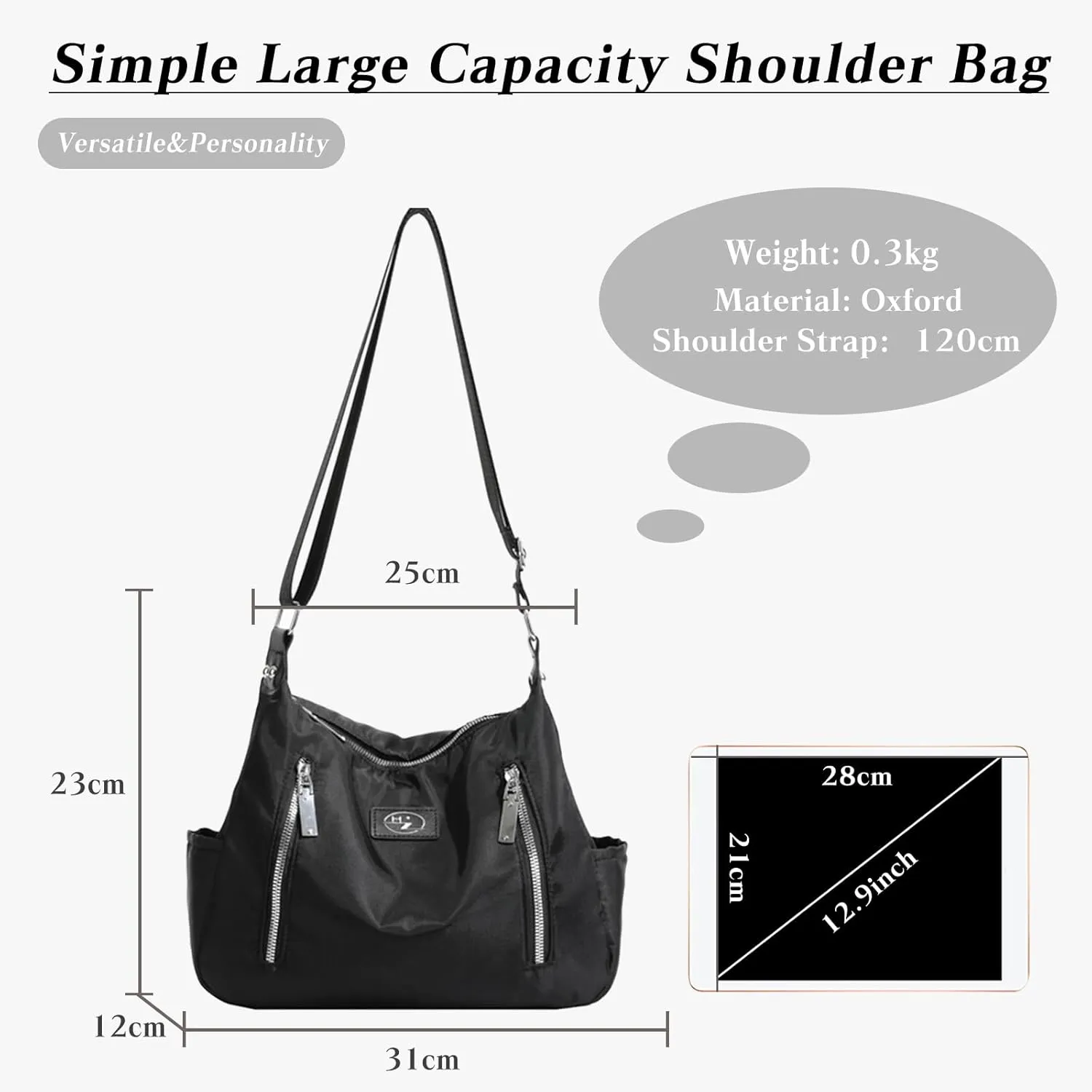 PORRASSO Casual Crossbody Bag Women Shoulder Bag Oxford Cloth Messenger Bag Ladies Satchel for Dating Travel Daily Use Black