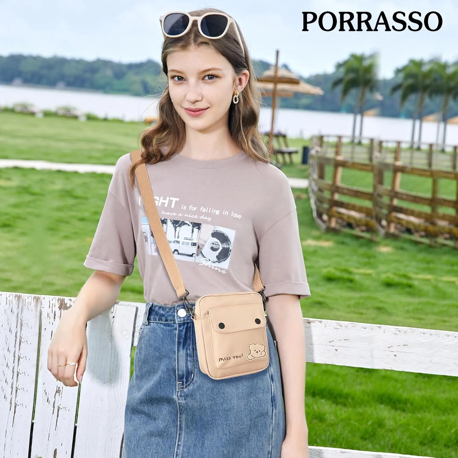 PORRASSO Crossbody Bag Cute Little Bear Shoulder Bag Nylon Messenger Bag Women Satchel for Travel Daily Use Khaki