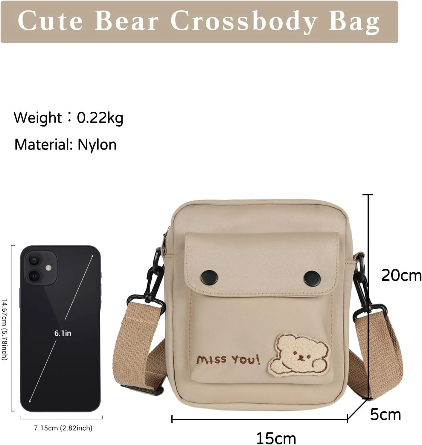 PORRASSO Crossbody Bag Cute Little Bear Shoulder Bag Nylon Messenger Bag Women Satchel for Travel Daily Use Khaki
