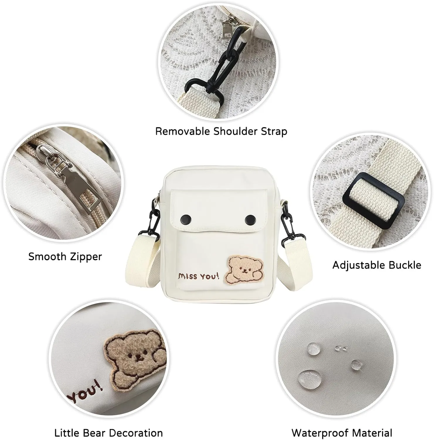 PORRASSO Crossbody Bag Cute Little Bear Shoulder Bag Nylon Messenger Bag Women Satchel for Travel Daily Use Khaki