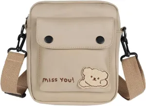 PORRASSO Crossbody Bag Cute Little Bear Shoulder Bag Nylon Messenger Bag Women Satchel for Travel Daily Use Khaki