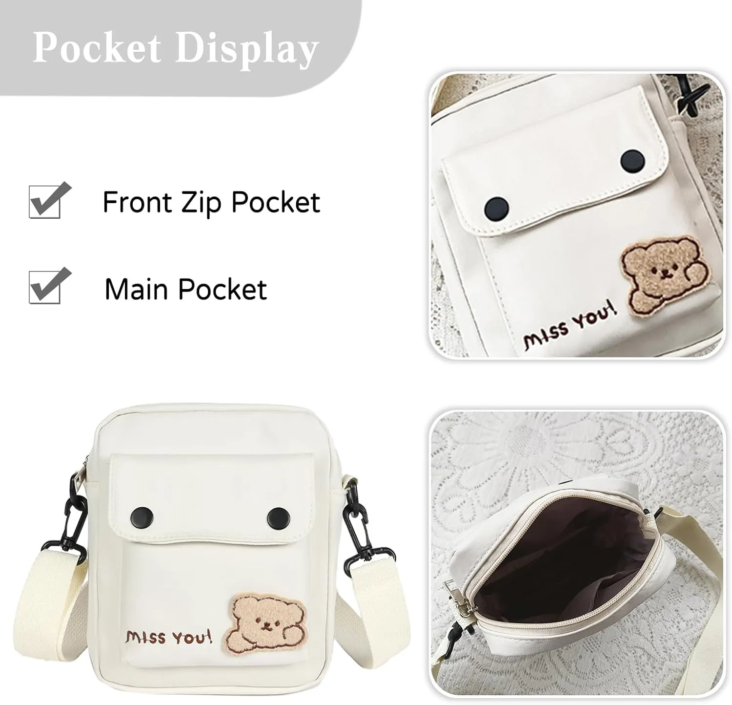 PORRASSO Crossbody Bag Cute Little Bear Shoulder Bag Nylon Messenger Bag Women Satchel for Travel Daily Use Khaki