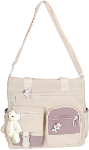 PORRASSO Crossbody Bag Cute Little Bear Shoulder Bag Nylon Messenger Bag Women Satchel for Travel Daily Use White