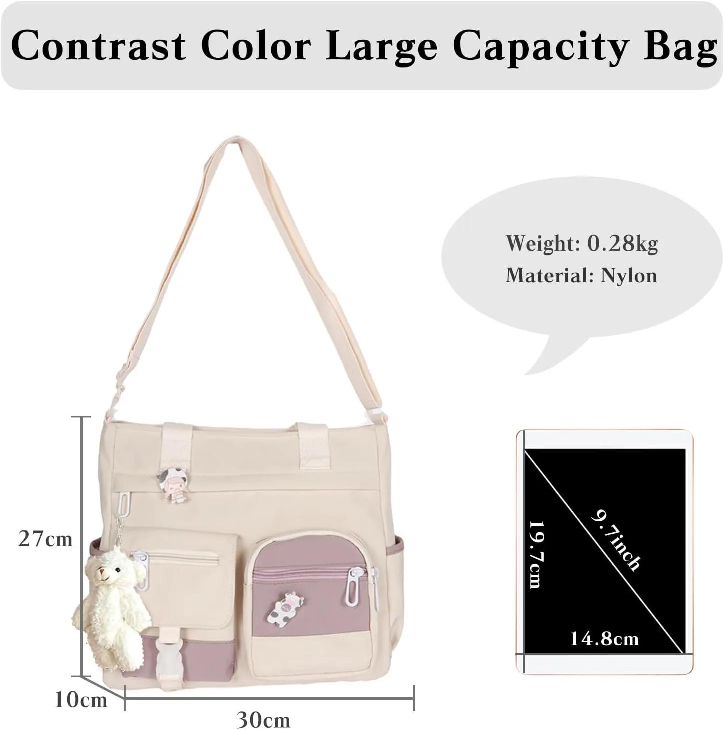 PORRASSO Crossbody Bag Cute Little Bear Shoulder Bag Nylon Messenger Bag Women Satchel for Travel Daily Use White
