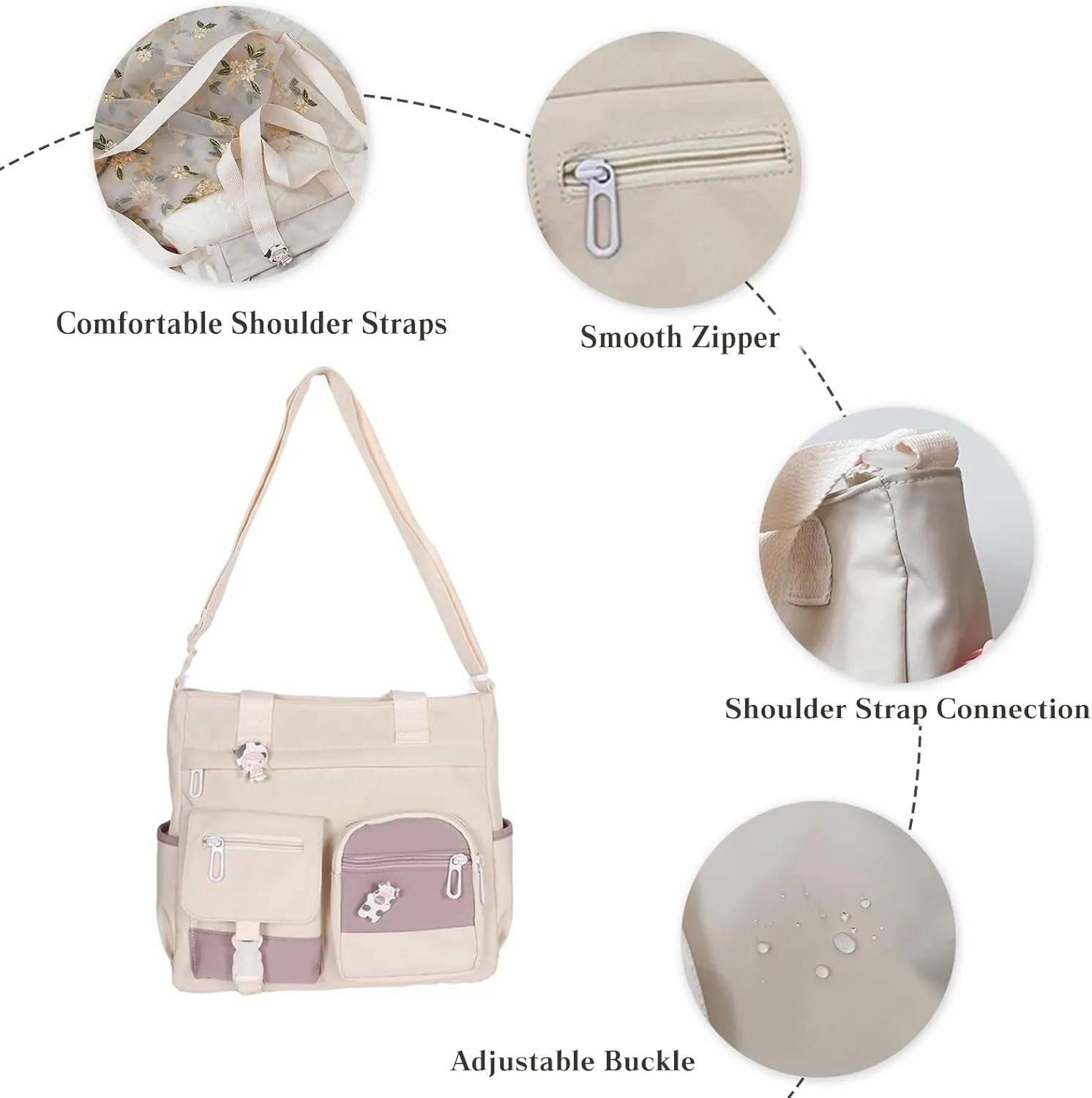 PORRASSO Crossbody Bag Cute Little Bear Shoulder Bag Nylon Messenger Bag Women Satchel for Travel Daily Use White