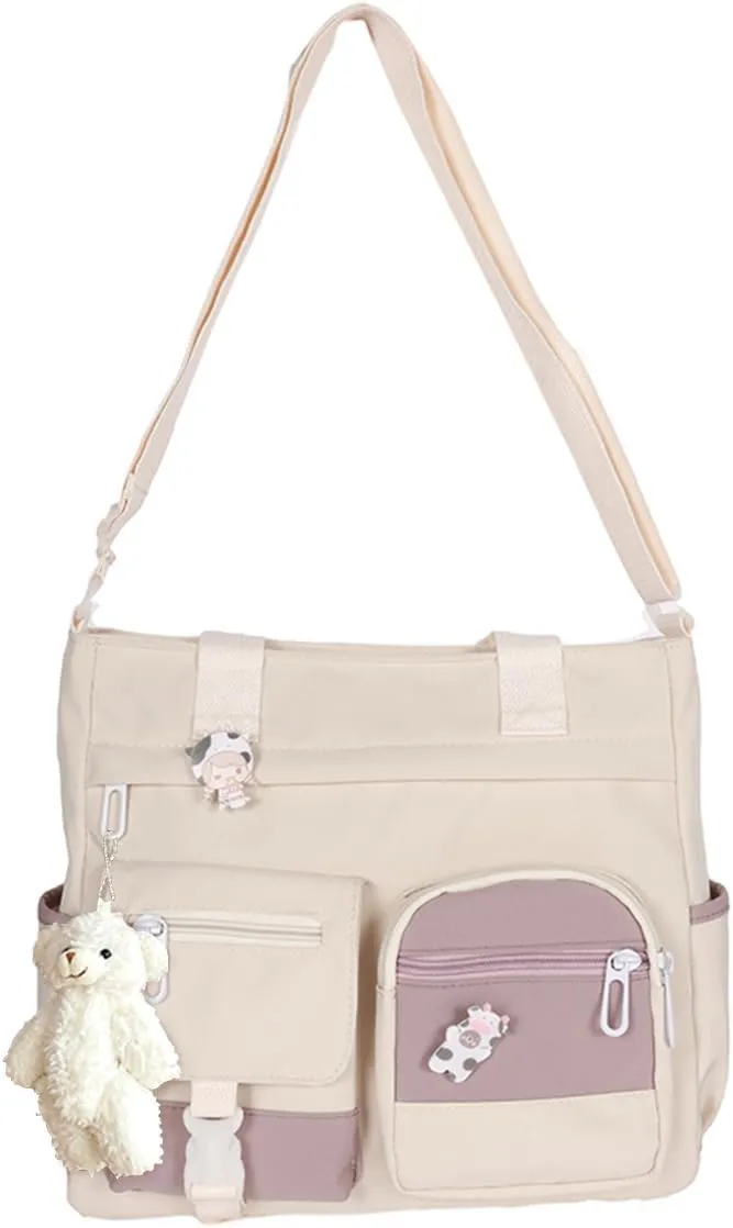 PORRASSO Crossbody Bag Cute Little Bear Shoulder Bag Nylon Messenger Bag Women Satchel for Travel Daily Use White