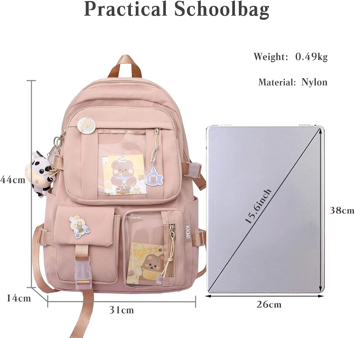 PORRASSO Cute Backpack Ladies Daypack Nylon Bookbag with Ornaments Women Rucksack for Casual Hiking Camping Pink