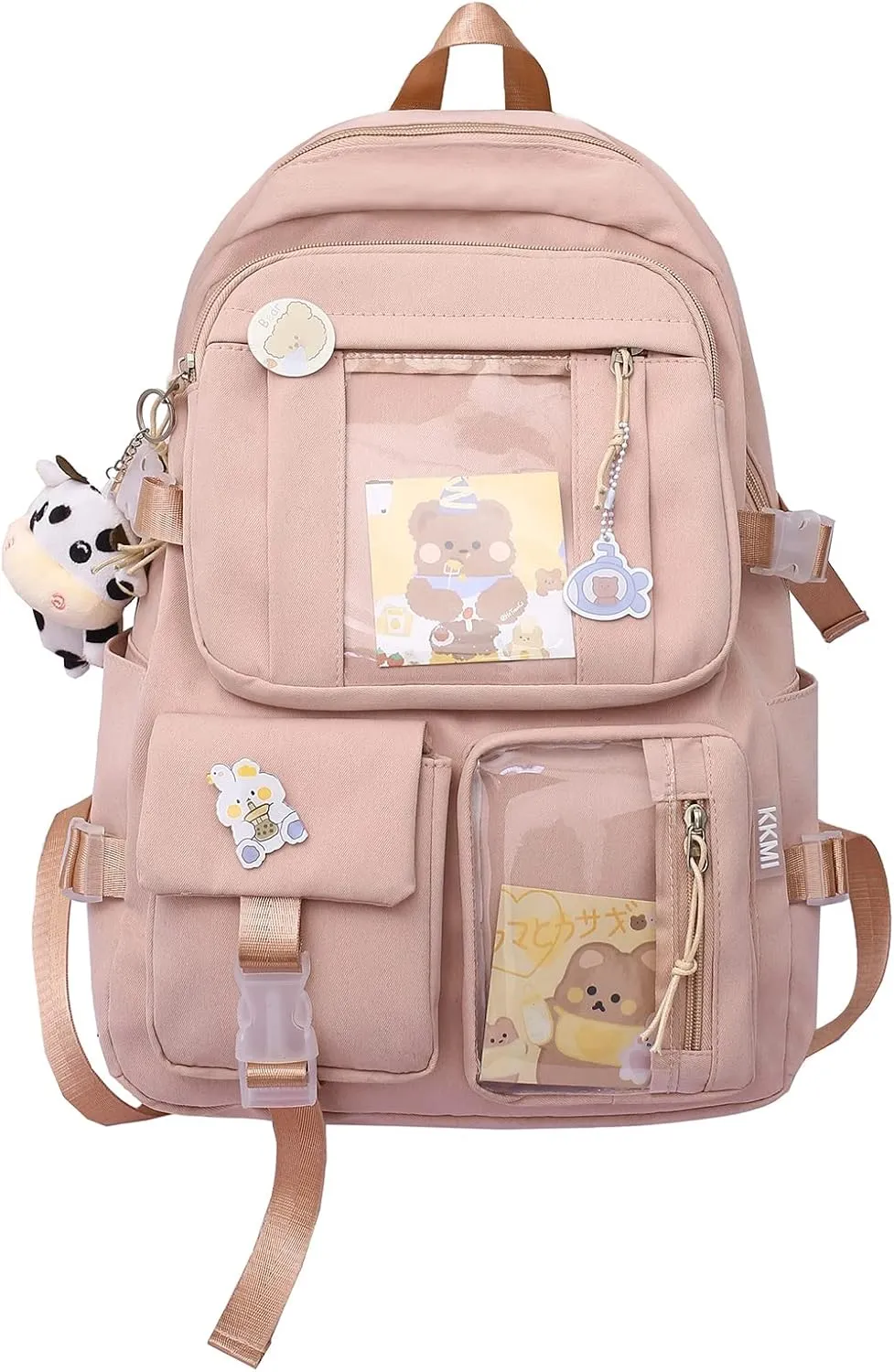 PORRASSO Cute Backpack Ladies Daypack Nylon Bookbag with Ornaments Women Rucksack for Casual Hiking Camping Pink