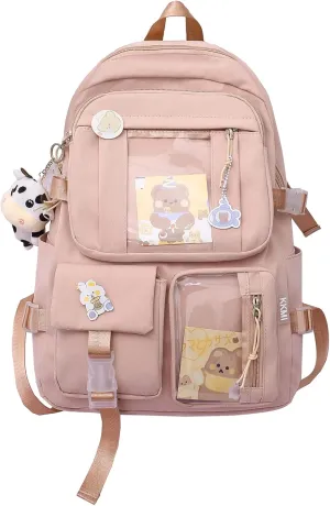 PORRASSO Cute Backpack Ladies Daypack Nylon Bookbag with Ornaments Women Rucksack for Casual Hiking Camping Pink