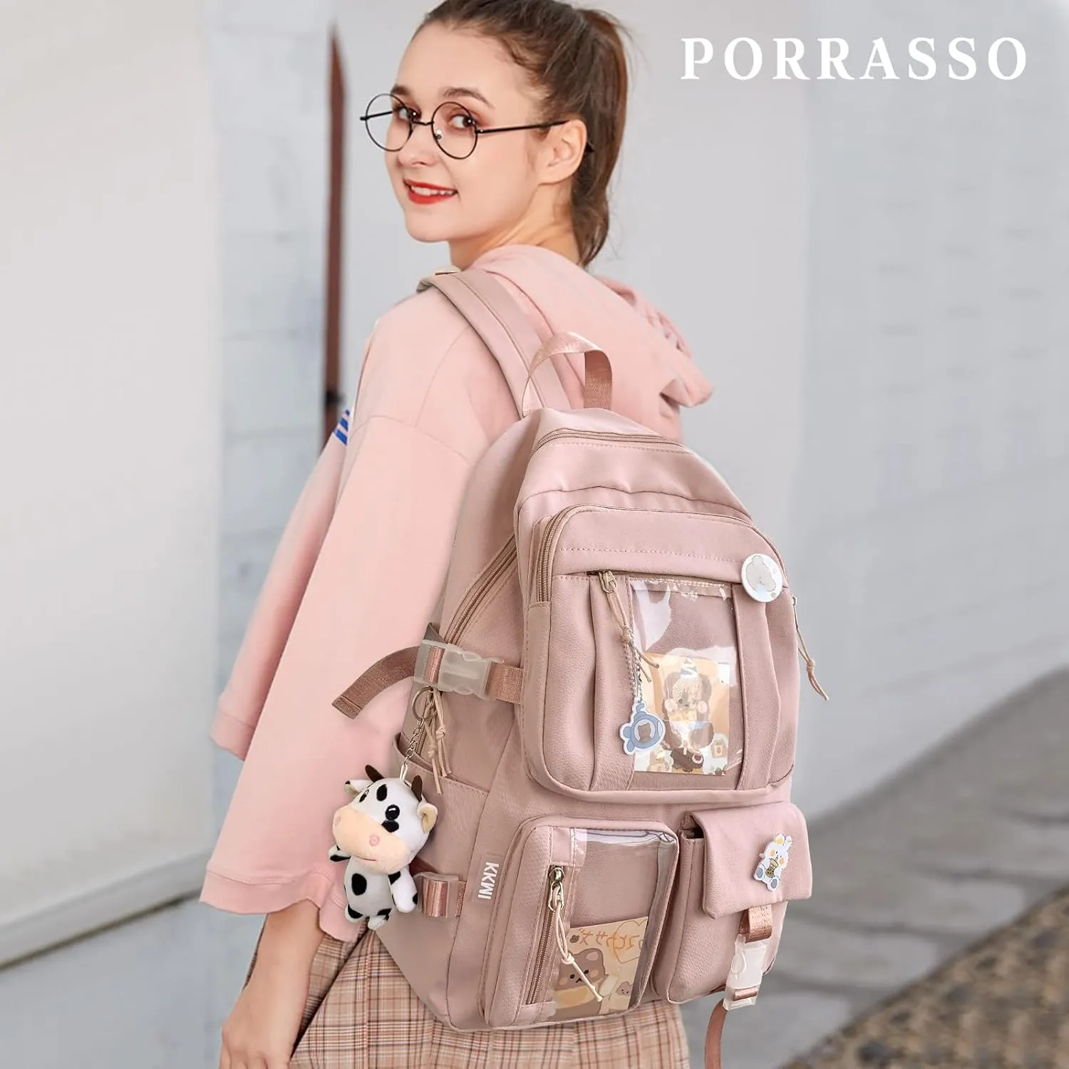 PORRASSO Cute Backpack Ladies Daypack Nylon Bookbag with Ornaments Women Rucksack for Casual Hiking Camping Pink
