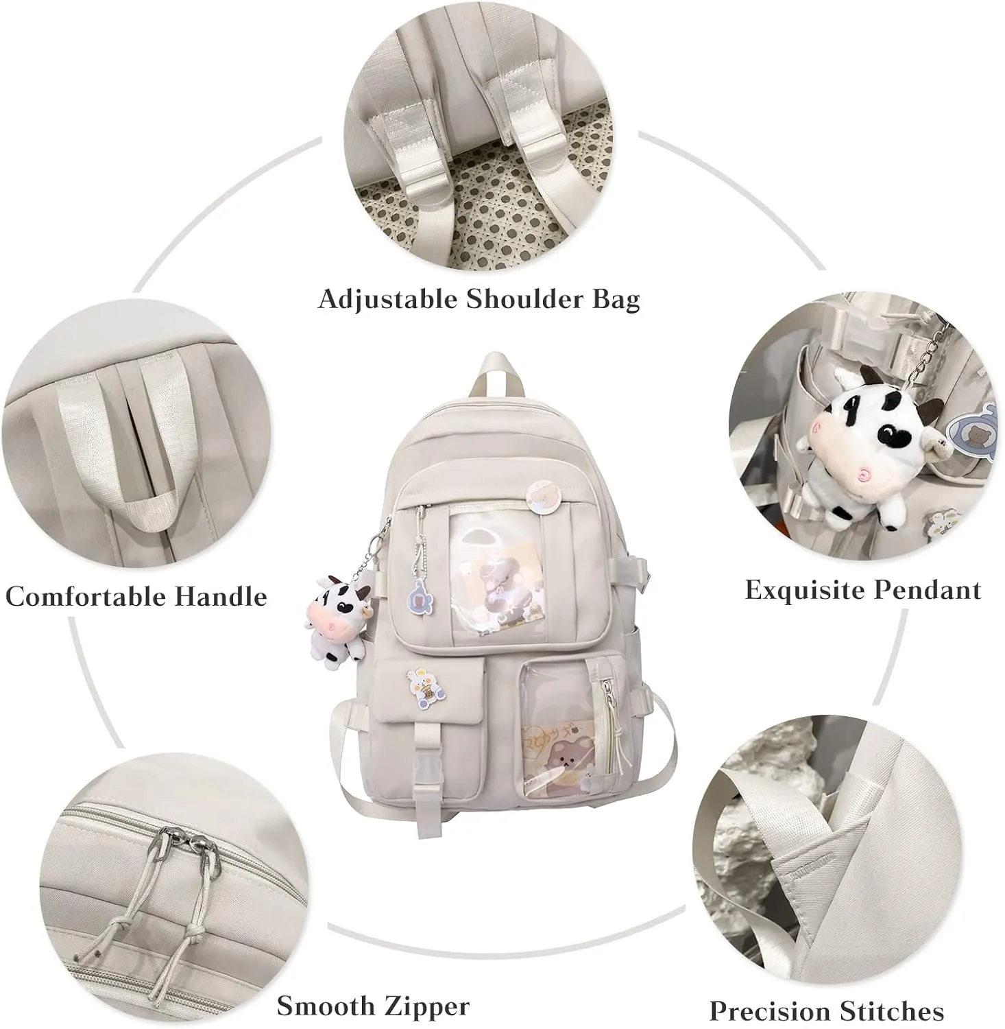 PORRASSO Cute Backpack Ladies Daypack Nylon Bookbag with Ornaments Women Rucksack for Casual Hiking Camping Pink