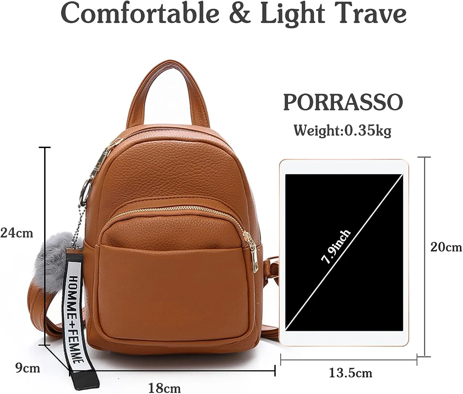 PORRASSO Fashion Mini Backpack Ladies Daypack Small Rucksack with Pompom Women PU Leather Backpack Purse for Travel Dating Shopping Brown