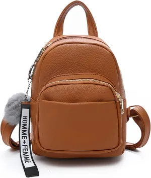 PORRASSO Fashion Mini Backpack Ladies Daypack Small Rucksack with Pompom Women PU Leather Backpack Purse for Travel Dating Shopping Brown