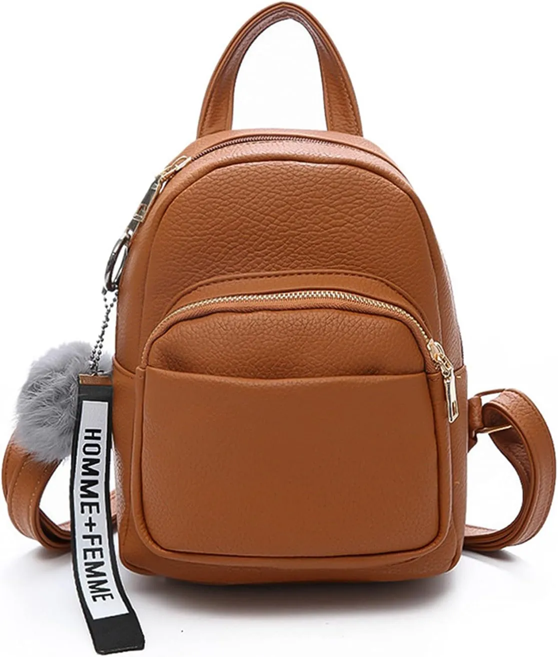 PORRASSO Fashion Mini Backpack Ladies Daypack Small Rucksack with Pompom Women PU Leather Backpack Purse for Travel Dating Shopping Brown