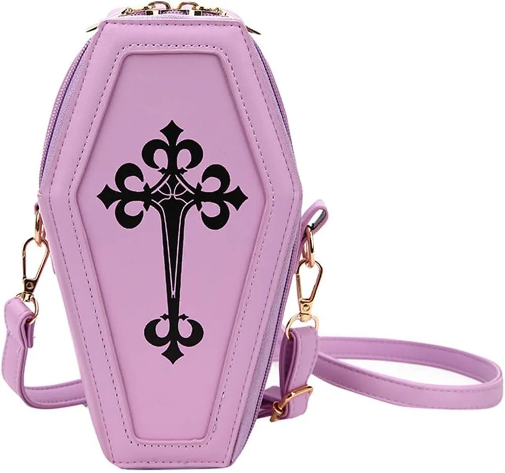 PORRASSO Gothic Crossbody Bag Women Shoulder Bag PU Messenger Bag Coffin Shape Handbags for Travel Halloween Daily Use Purple
