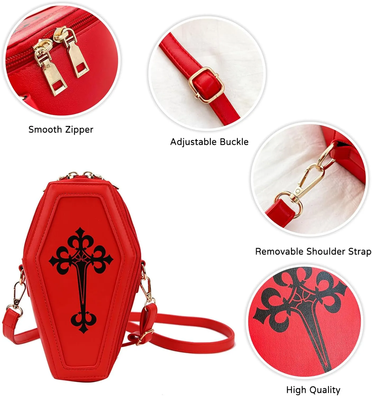 PORRASSO Gothic Crossbody Bag Women Shoulder Bag PU Messenger Bag Coffin Shape Handbags for Travel Halloween Daily Use Purple