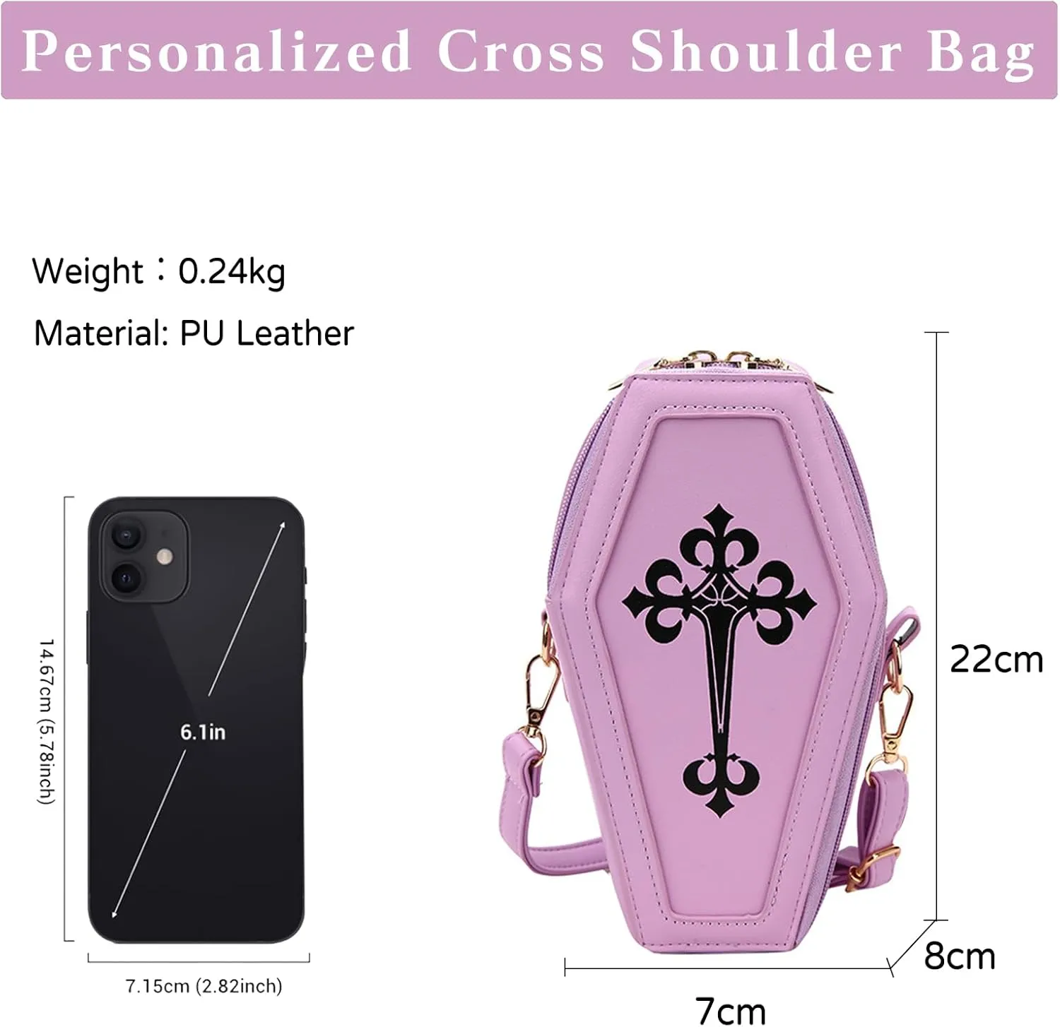 PORRASSO Gothic Crossbody Bag Women Shoulder Bag PU Messenger Bag Coffin Shape Handbags for Travel Halloween Daily Use Purple
