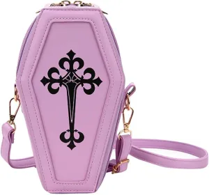 PORRASSO Gothic Crossbody Bag Women Shoulder Bag PU Messenger Bag Coffin Shape Handbags for Travel Halloween Daily Use Purple