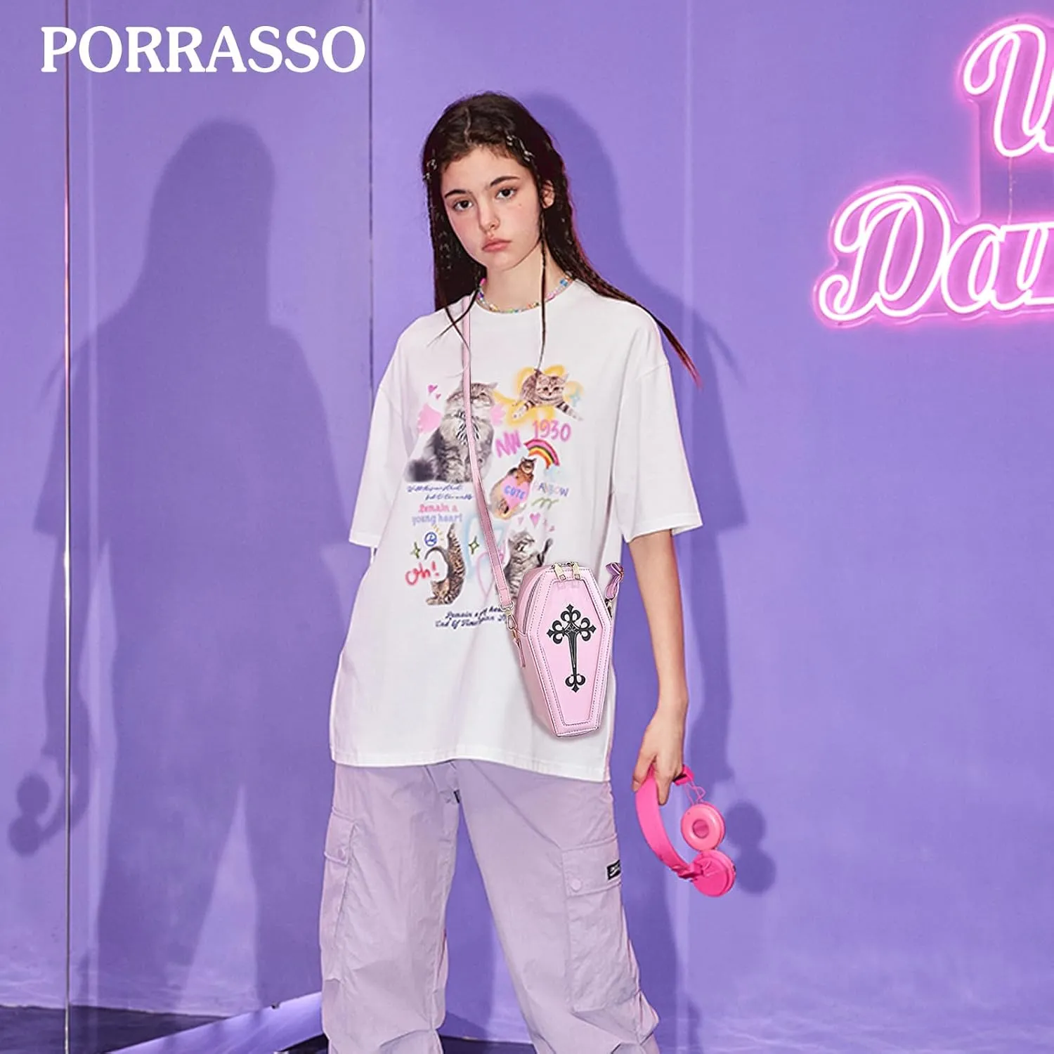 PORRASSO Gothic Crossbody Bag Women Shoulder Bag PU Messenger Bag Coffin Shape Handbags for Travel Halloween Daily Use Purple