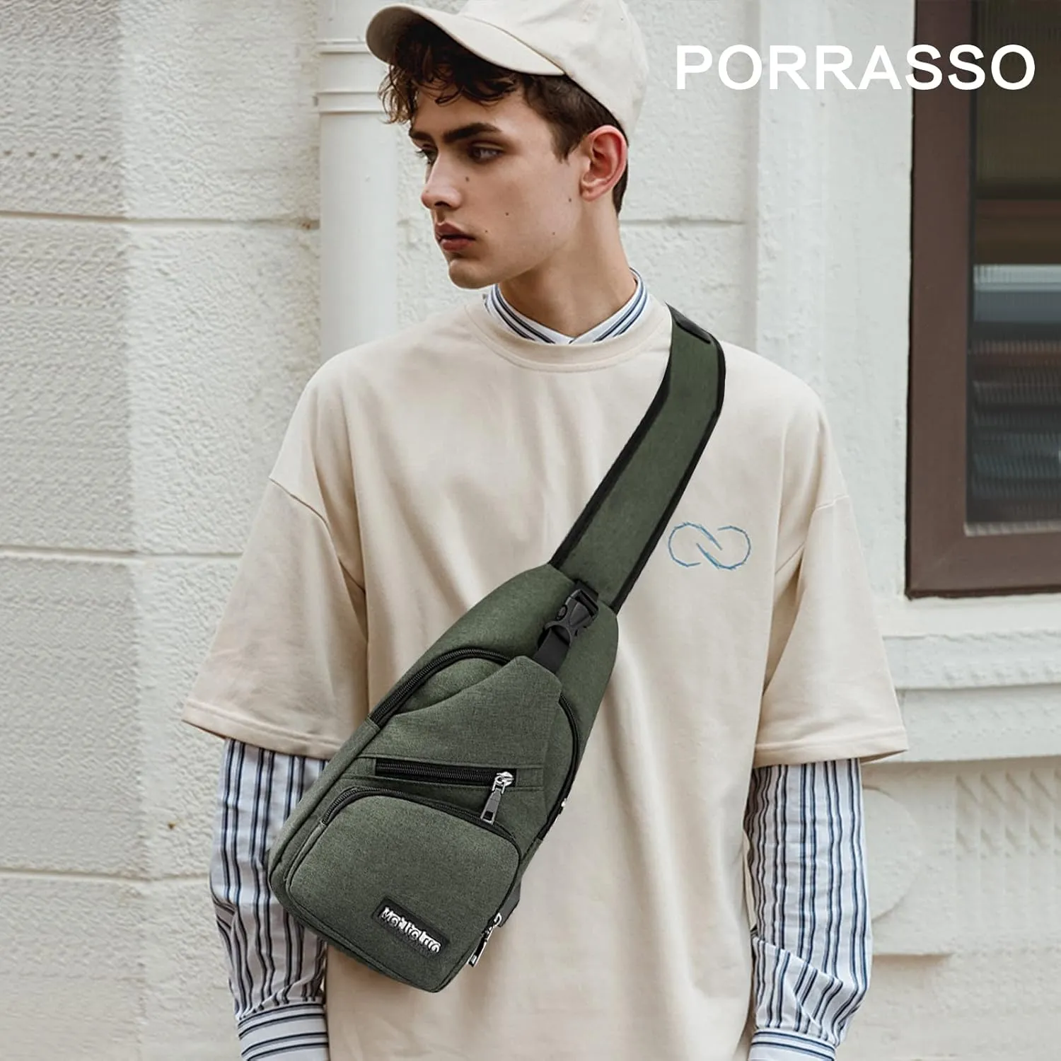 PORRASSO Men Sling Bag Small Shoulder Crossbody Bag with USB Chest Bag Daypack