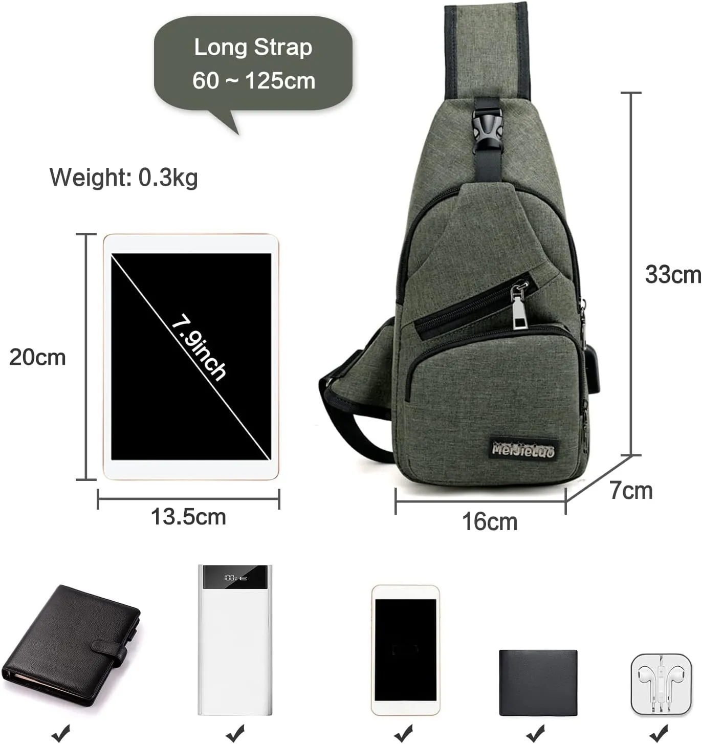 PORRASSO Men Sling Bag Small Shoulder Crossbody Bag with USB Chest Bag Daypack