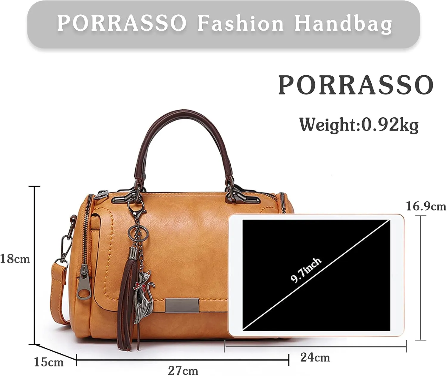 PORRASSO Retro Handbag Women Crossbody Bag Ladies Shoulder Bag Waterproof PU Leather Top-Handle Bag