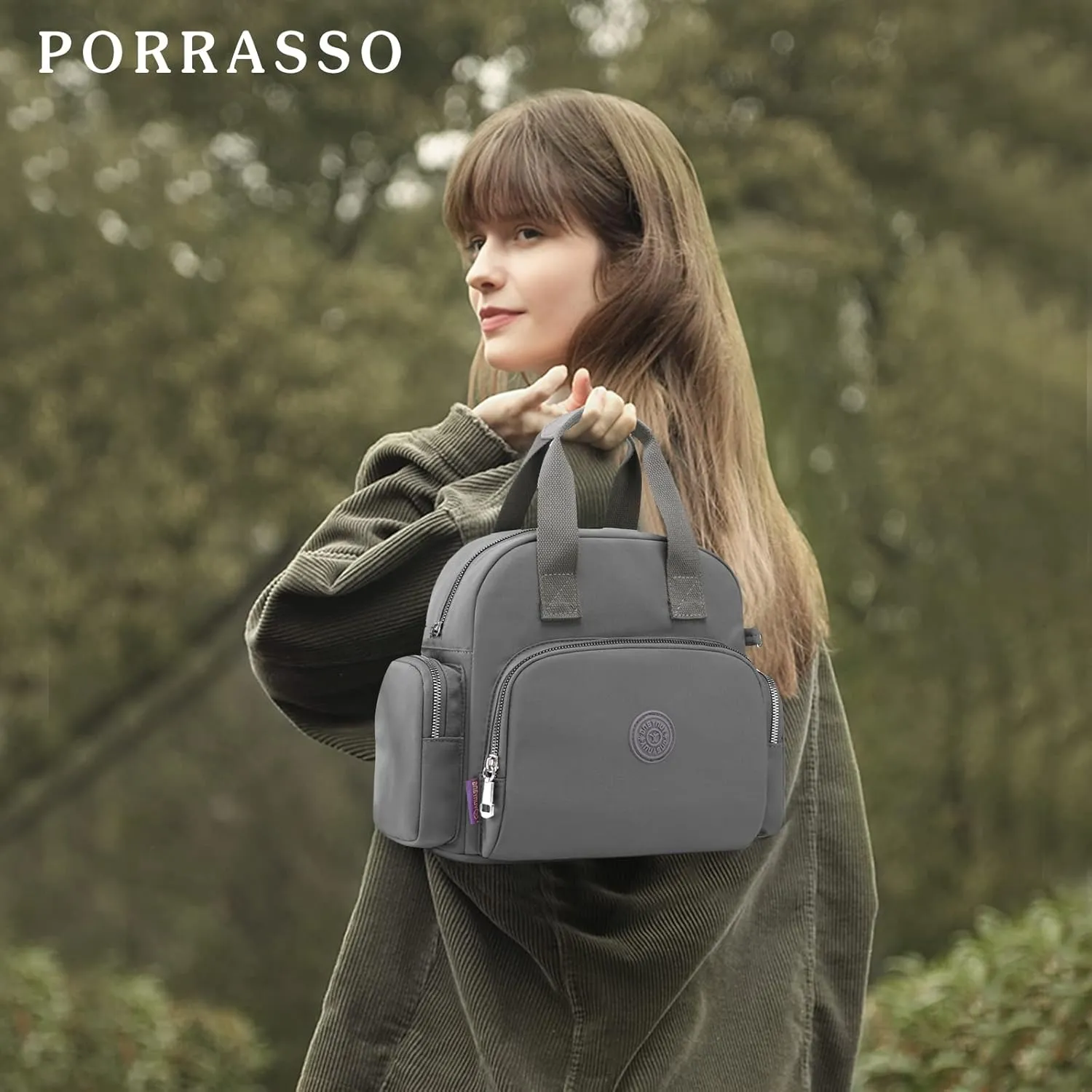 PORRASSO Women Backpack Fashion Shoulder Bag Multifunctional Daypack with USB Charging Port Handbag Nylon Crossbody Bag for Work Travel Dating Grey