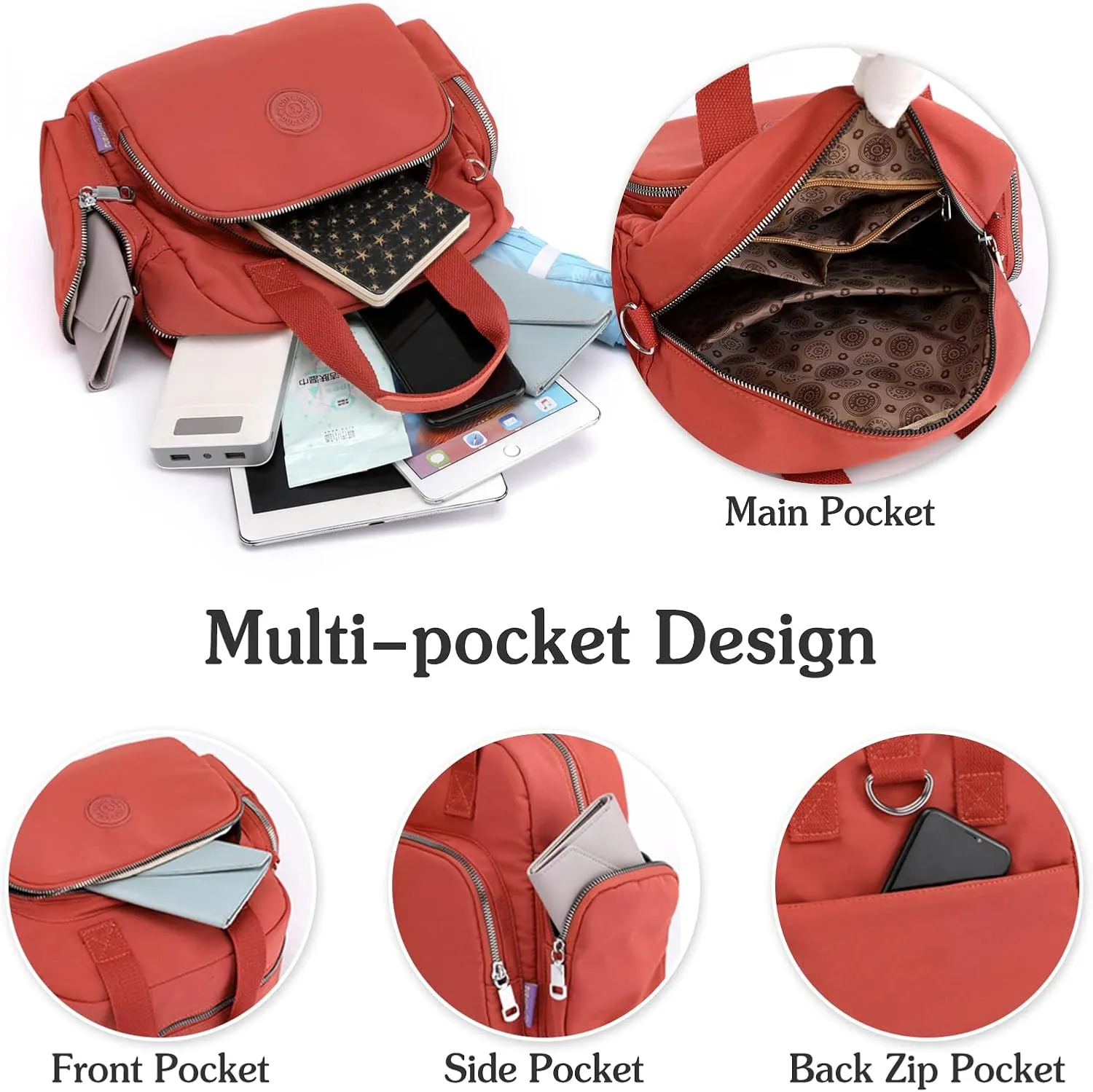 PORRASSO Women Backpack Fashion Shoulder Bag Multifunctional Daypack with USB Charging Port Handbag Nylon Crossbody Bag for Work Travel Dating Orange