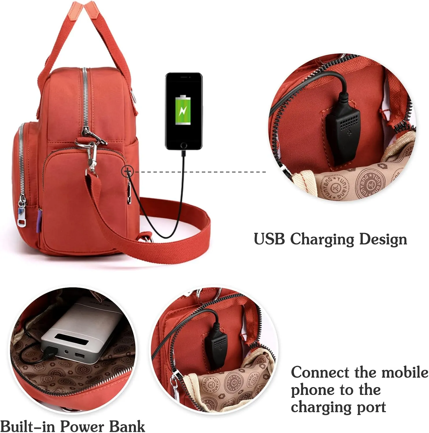 PORRASSO Women Backpack Fashion Shoulder Bag Multifunctional Daypack with USB Charging Port Handbag Nylon Crossbody Bag for Work Travel Dating Orange