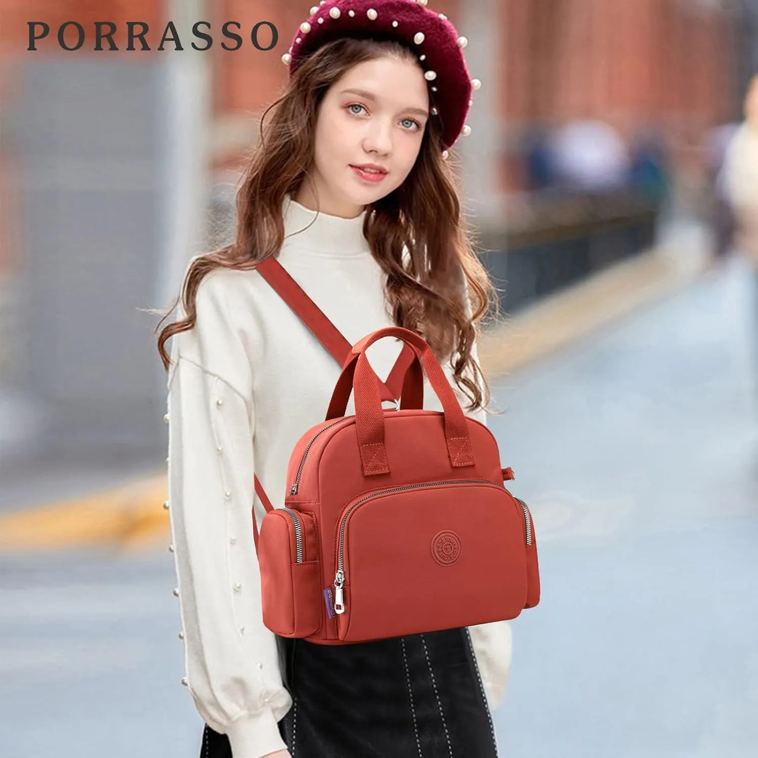 PORRASSO Women Backpack Fashion Shoulder Bag Multifunctional Daypack with USB Charging Port Handbag Nylon Crossbody Bag for Work Travel Dating Orange