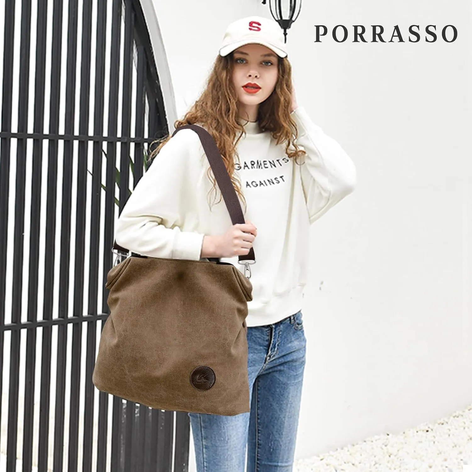 PORRASSO Women Canvas Shoulder Bag Crossbody Bag Ladies Handbag Hobo Bag for Shopping Travel Work Daily Use Brown