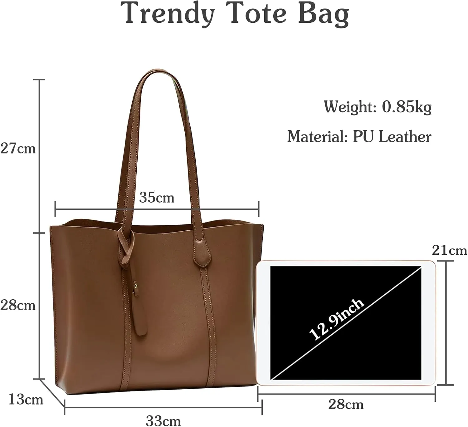 PORRASSO Women Tote Bag Large Handbag Fashion Shoulder Bag PU Leather Top-Handle Bag for Work Travel Shopping Brown