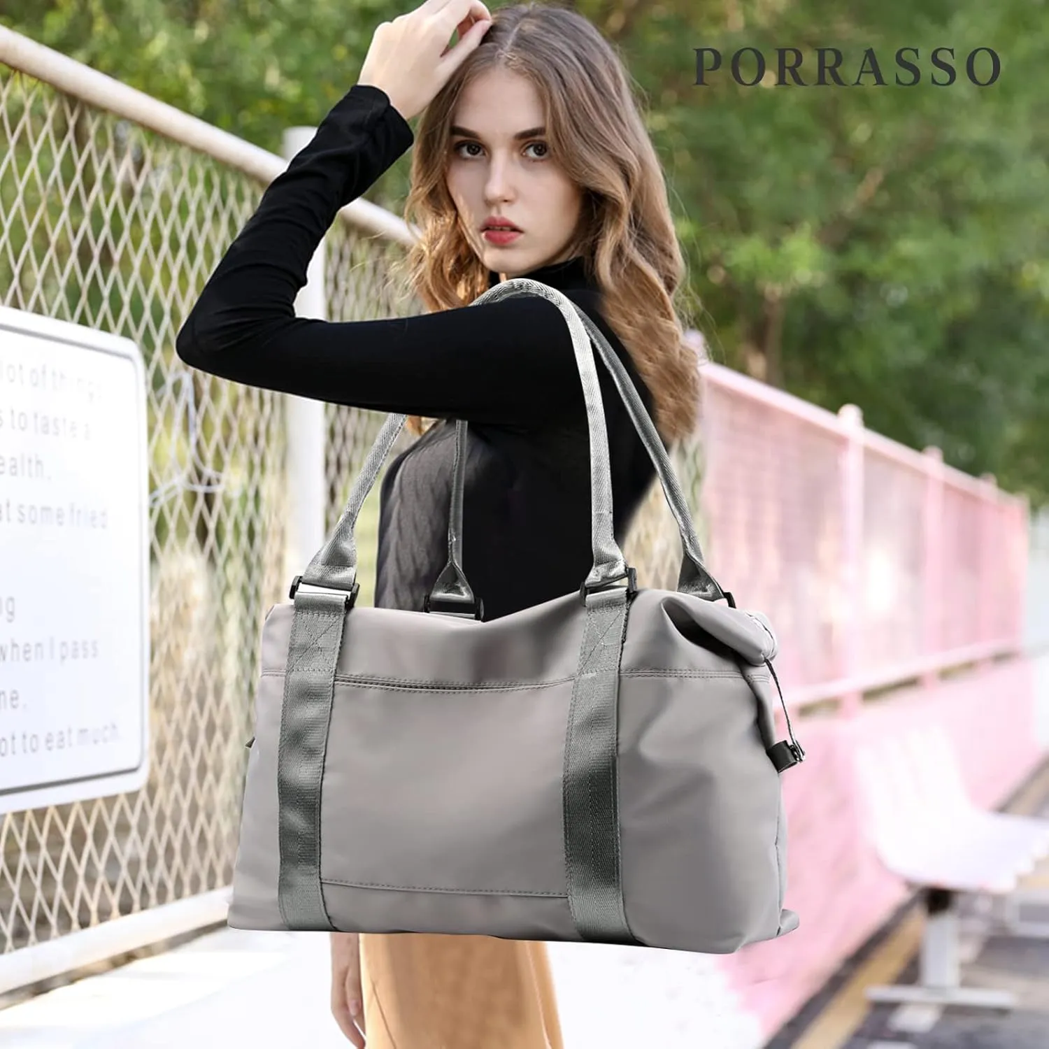 PORRASSO Women's Grey Duffel Bag, Large Carry-On, Gym Tote, Shoulder Bag