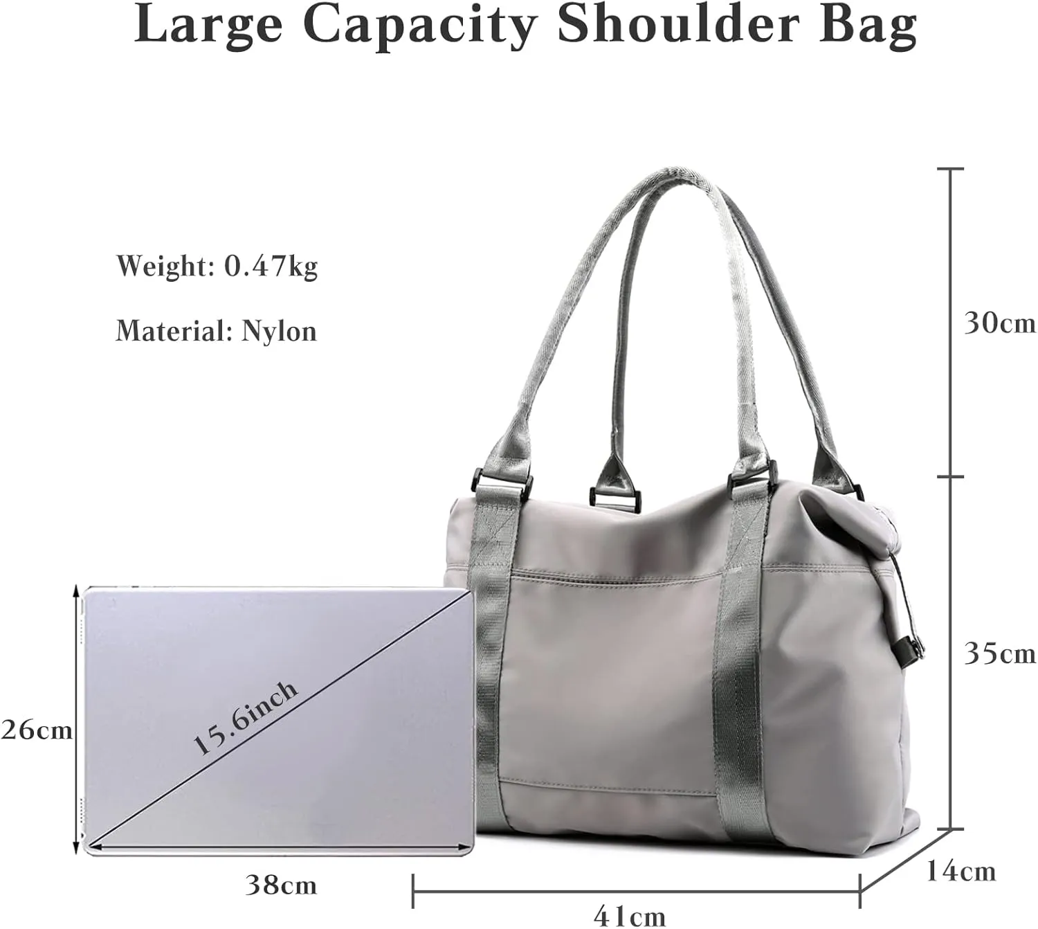PORRASSO Women's Grey Duffel Bag, Large Carry-On, Gym Tote, Shoulder Bag