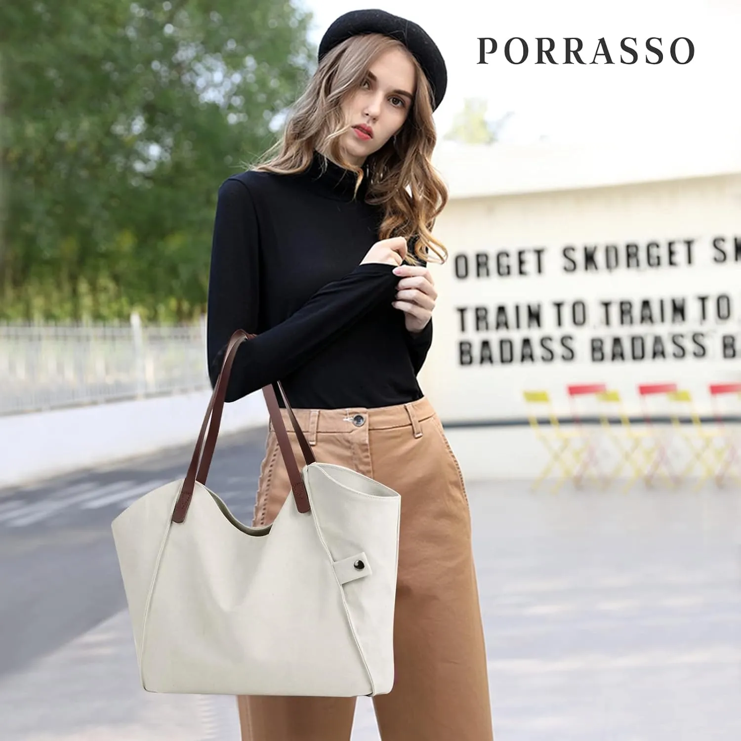 PORRASSO Women's Handbag Canvas Tote Large Shoulder Bag Ladies Hobo Top-Handle Bag