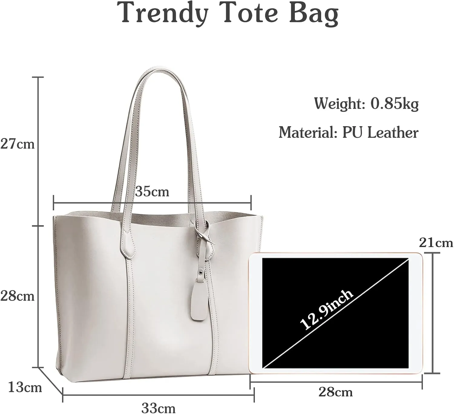 PORRASSO Women's Tote Handbag - Large Fashion PU Leather Top-Handle Bag for Work, Travel & Shopping - White