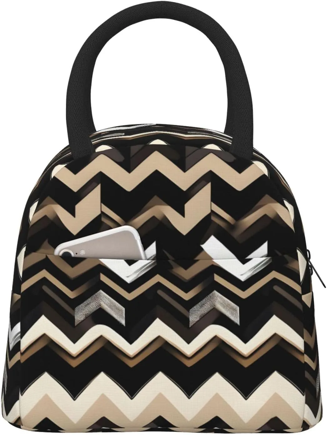 Portable Cooler Tote Bag Large Capacity Black White Tan Zigzag Print Lunch Bag Lunch Box Container Reusable Tote