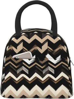 Portable Cooler Tote Bag Large Capacity Black White Tan Zigzag Print Lunch Bag Lunch Box Container Reusable Tote