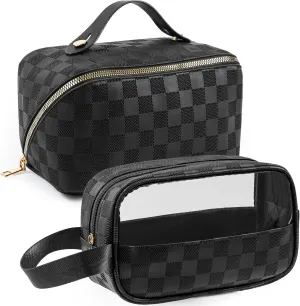 Portable Travel Makeup Bag Set, Women Cosmetics Bags, Large Capacity Makeup Bag Organizers Multipurpose Toiletry Bags Transparent Storage Case for Girls 2 Pcs Black