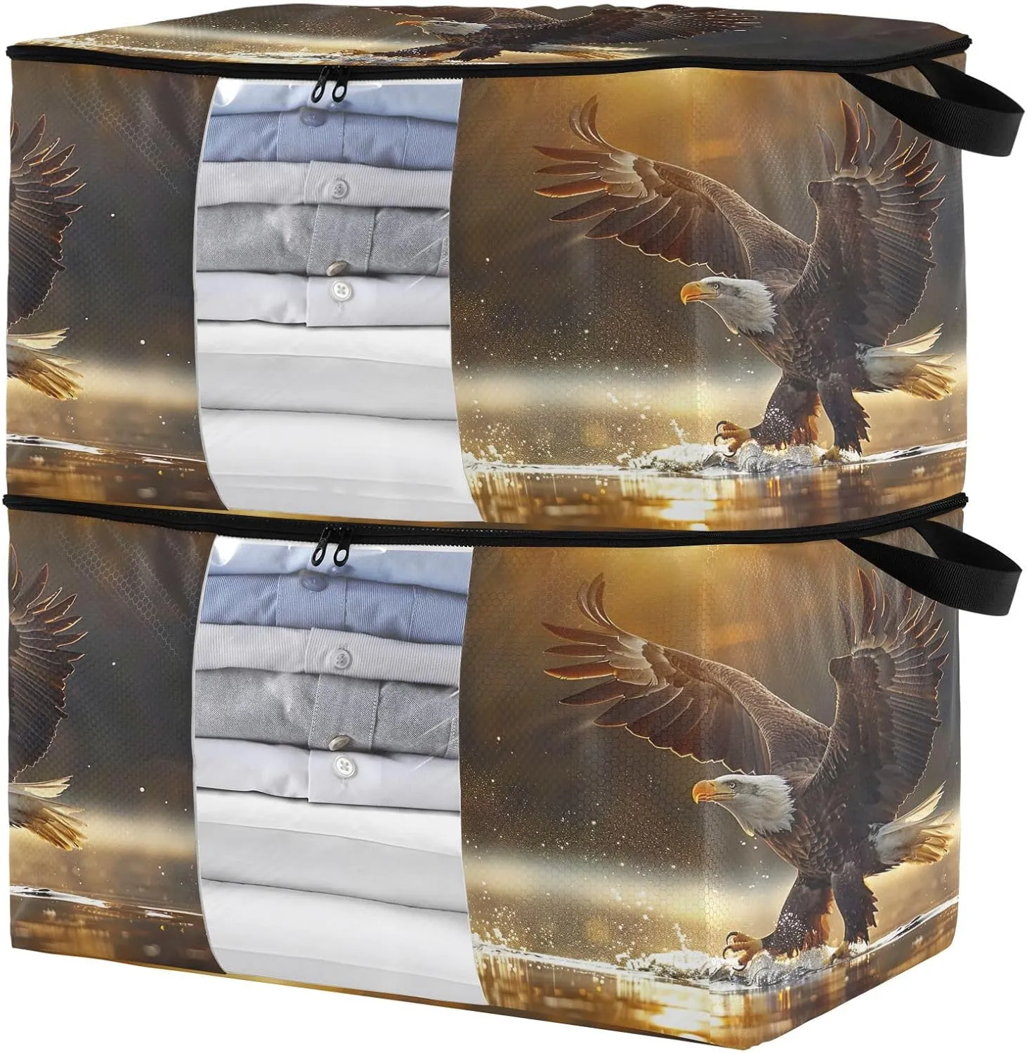 Predatory Hawk Pattern Clothes Storage Bags 60L Large Closet Organizer Bags 2-Pack, Zippered, Foldable with Clear Window & Handles - Ideal for Comforters, Blankets