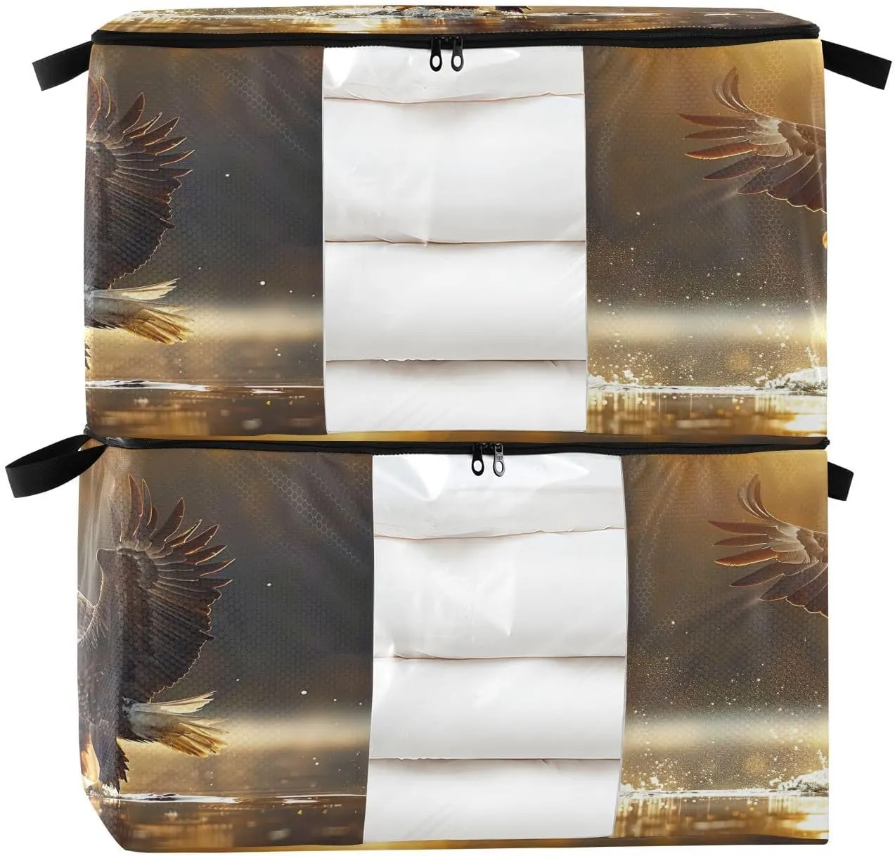 Predatory Hawk Pattern Clothes Storage Bags 60L Large Closet Organizer Bags 2-Pack, Zippered, Foldable with Clear Window & Handles - Ideal for Comforters, Blankets