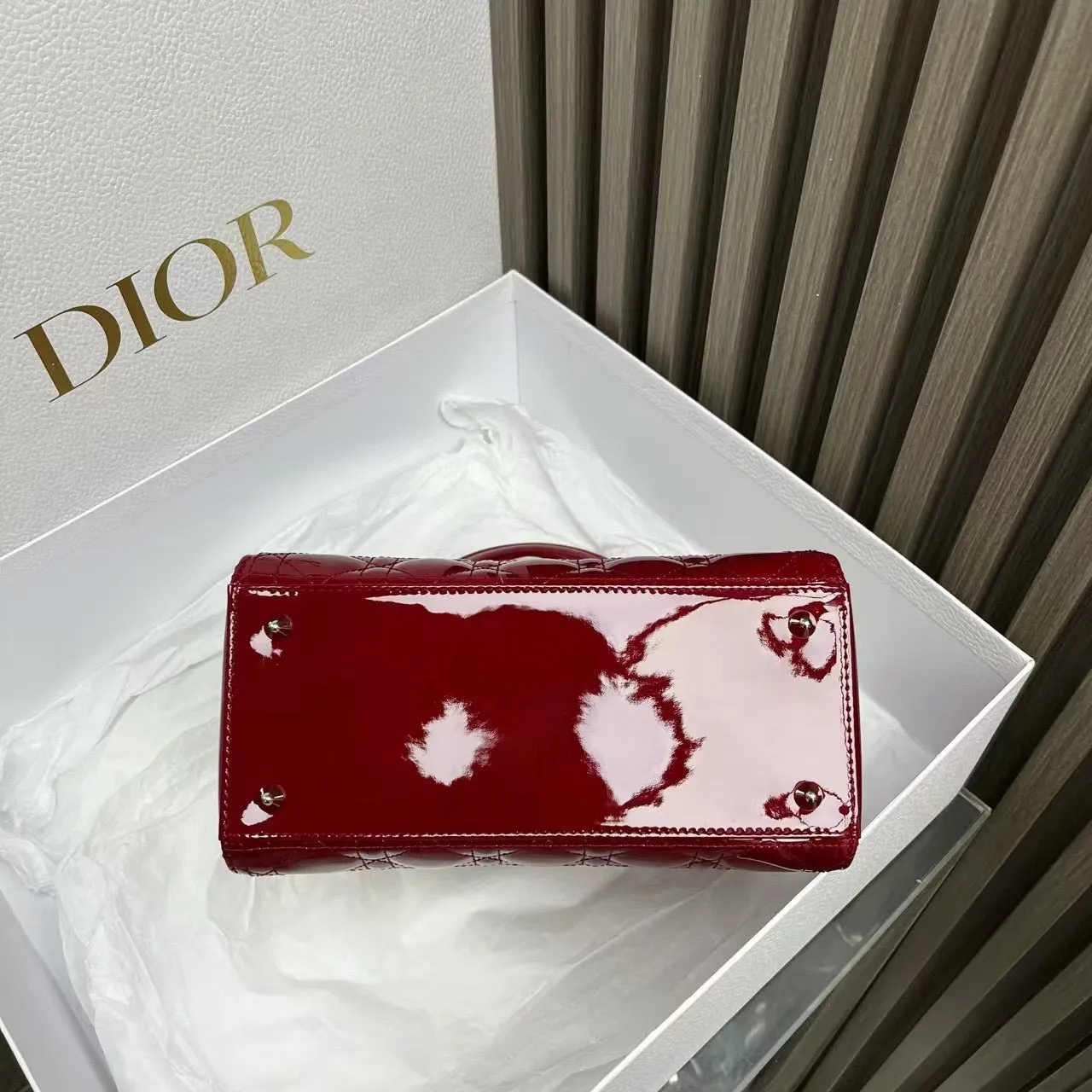 Preloved Dior Patent Lady Dior Medium Red Top Handle Bag