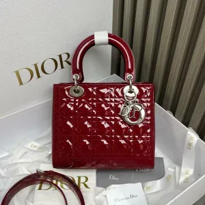 Preloved Dior Patent Lady Dior Medium Red Top Handle Bag