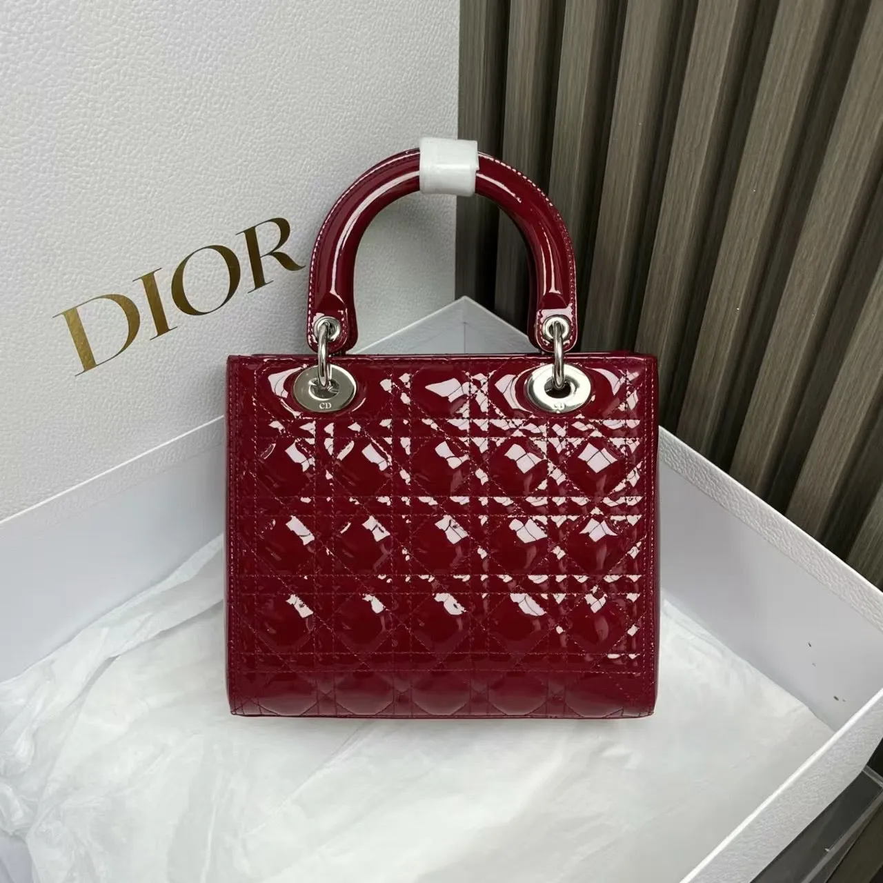 Preloved Dior Patent Lady Dior Medium Red Top Handle Bag