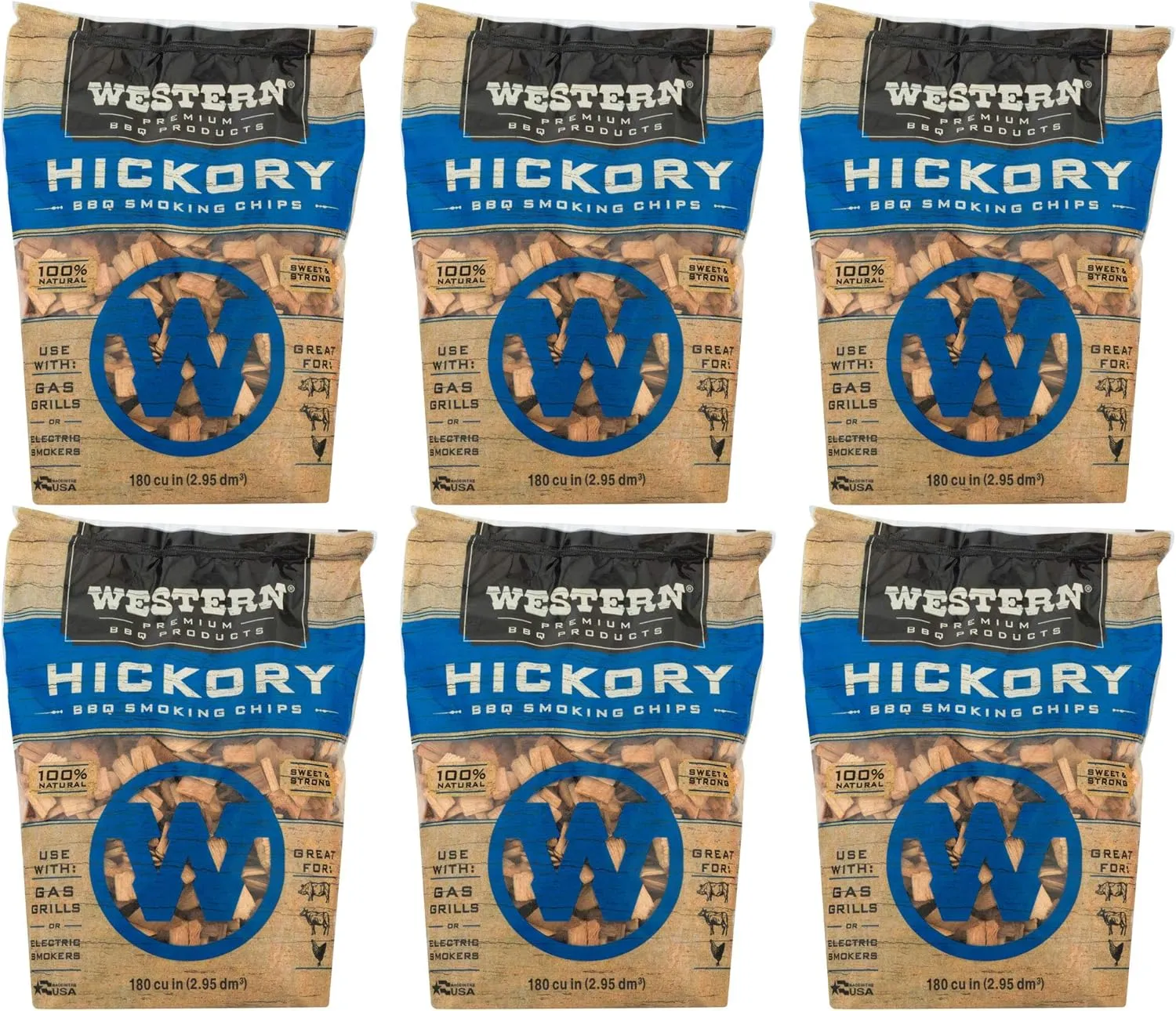 Premium BBQ 180 Cubic Inch Hickory Barbecue Flavorful Heat Treated Grilling Smoking Wood Chips for Charcoal Gas and Electric Grills (6 Pack)