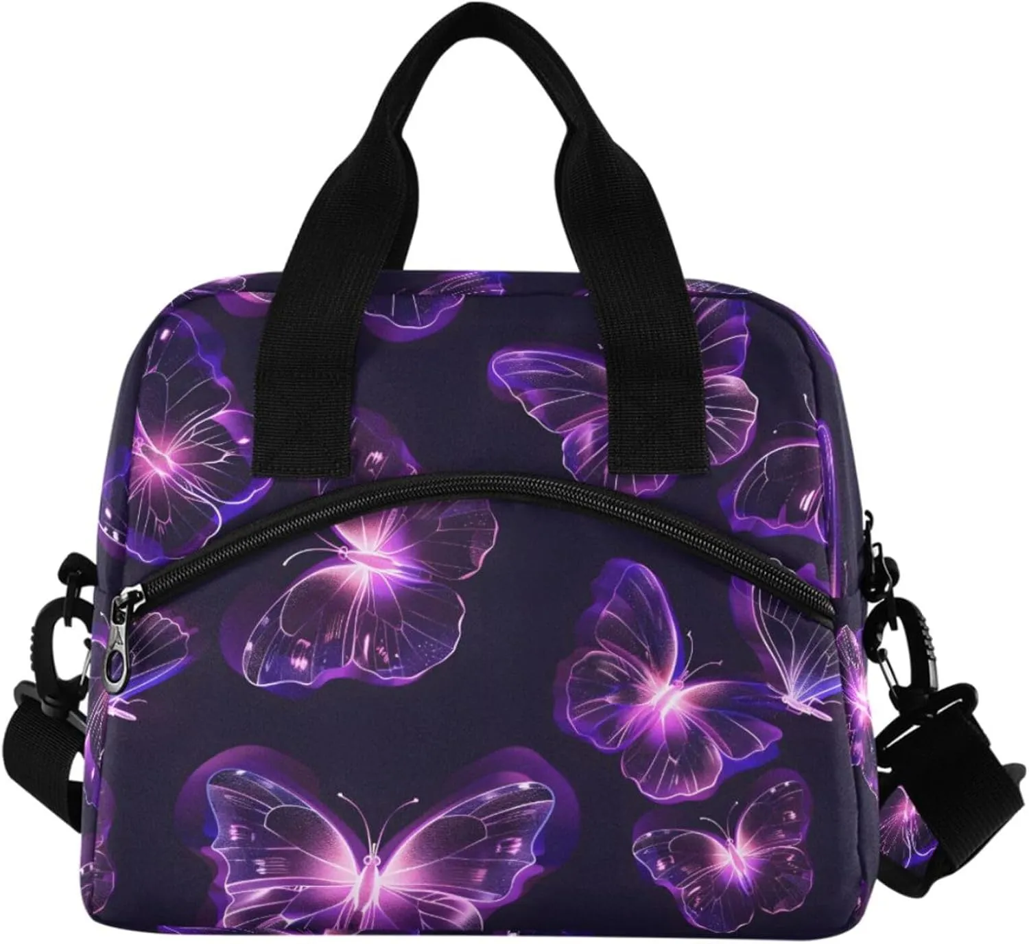 Purple Butterfly Lunch Bag, Insulated Lunch Tote Bags Cooler Reusable Lunch Box Food Container with Adjustable Shoulder Strap for Women Men Adults