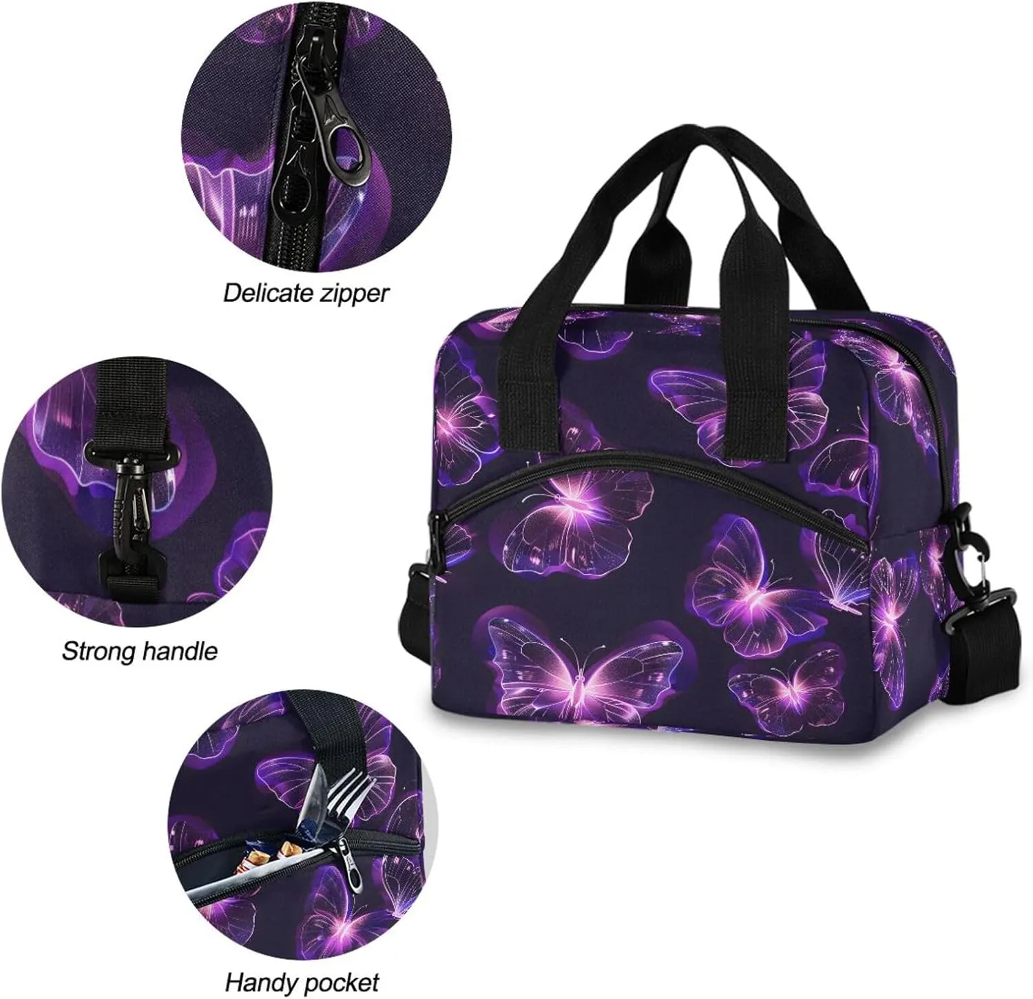 Purple Butterfly Lunch Bag, Insulated Lunch Tote Bags Cooler Reusable Lunch Box Food Container with Adjustable Shoulder Strap for Women Men Adults