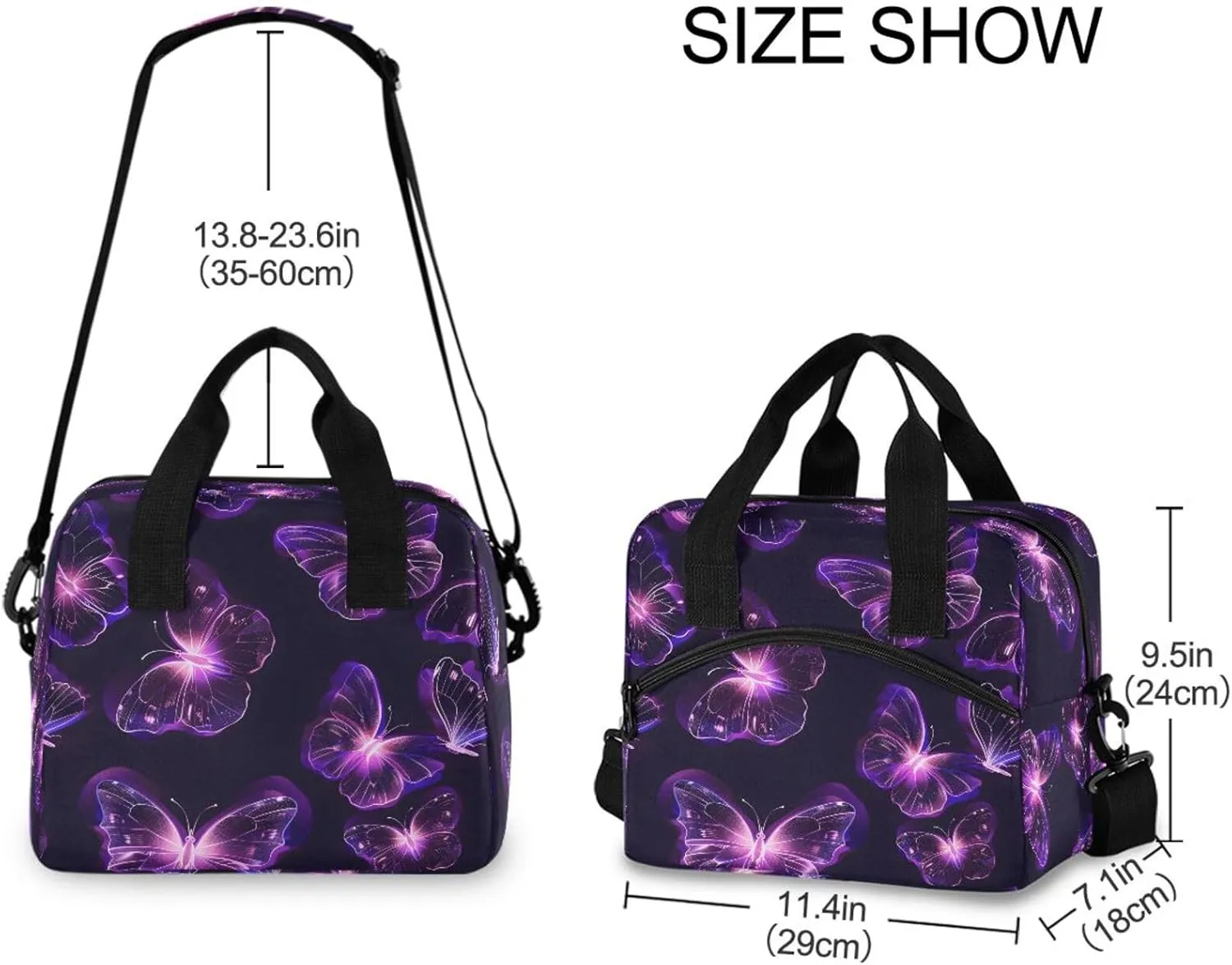 Purple Butterfly Lunch Bag, Insulated Lunch Tote Bags Cooler Reusable Lunch Box Food Container with Adjustable Shoulder Strap for Women Men Adults