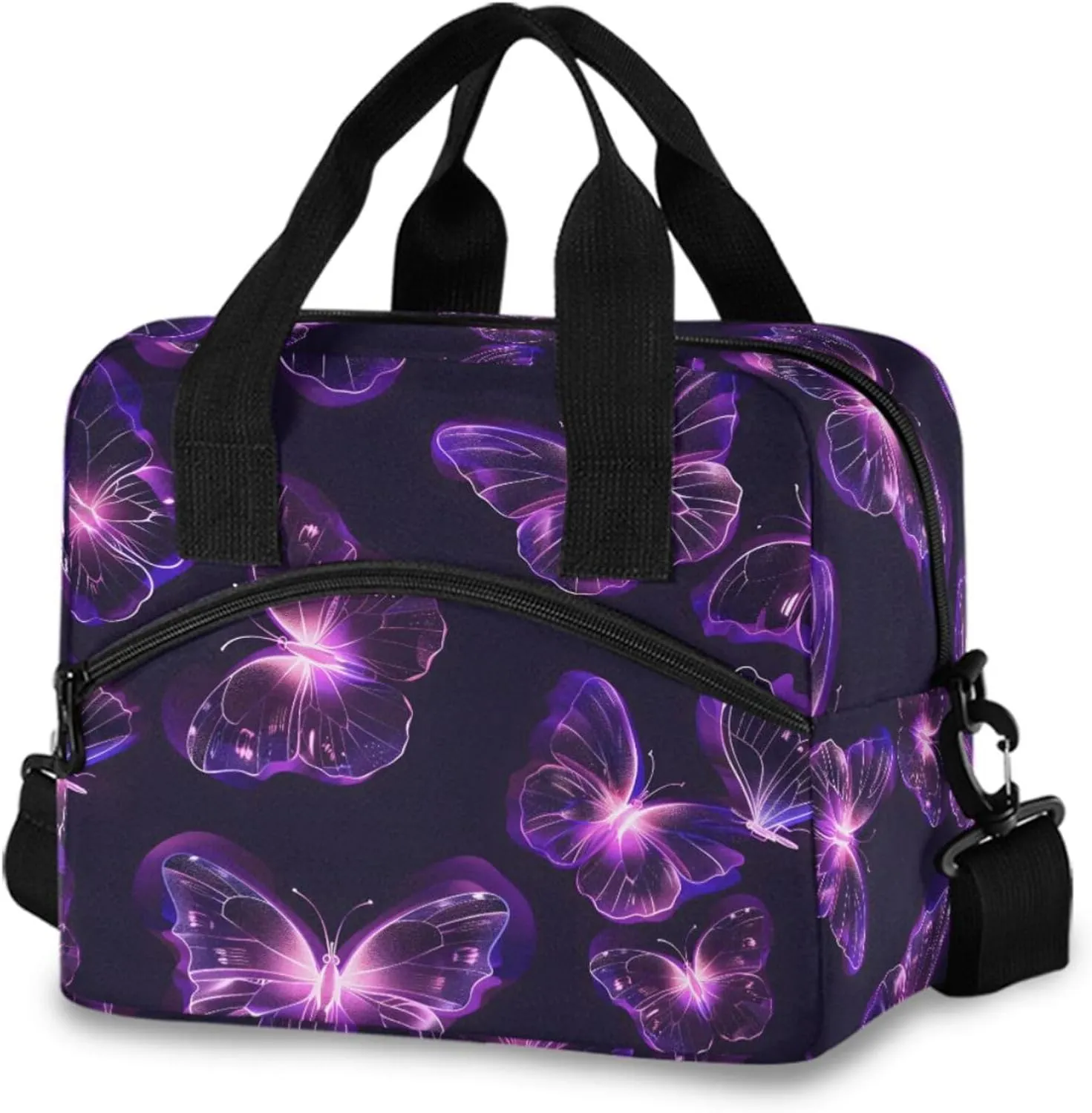 Purple Butterfly Lunch Bag, Insulated Lunch Tote Bags Cooler Reusable Lunch Box Food Container with Adjustable Shoulder Strap for Women Men Adults