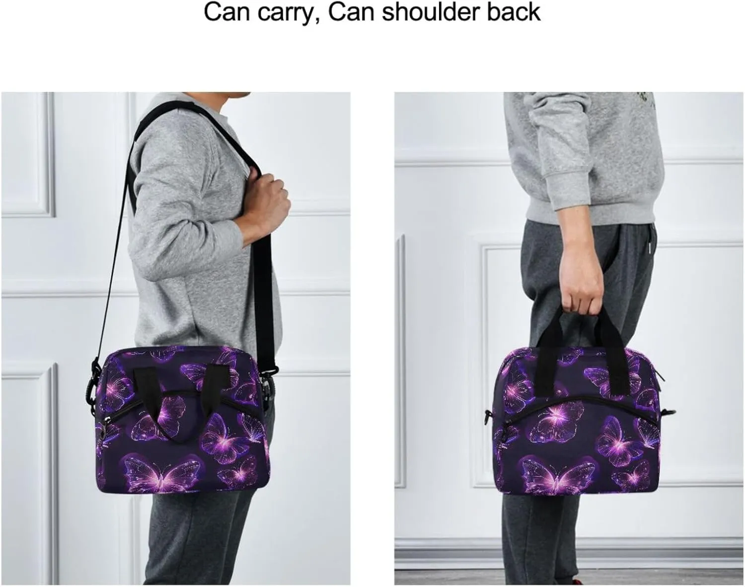 Purple Butterfly Lunch Bag, Insulated Lunch Tote Bags Cooler Reusable Lunch Box Food Container with Adjustable Shoulder Strap for Women Men Adults